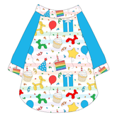 Raglan style tee in a dog friendly pattern that shows party images like balloons, cake, gifts, party hats and more. It's complete with solid blue sleeves, with Pawty Time trim on the sleeve edges, neck and waist.